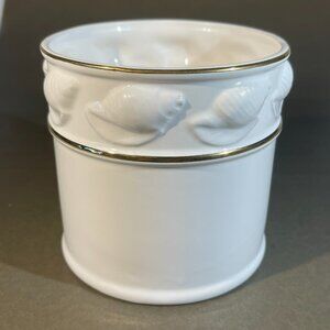 BEN RICKERT Round Container/ Planter Sea Shells Gold Trim & White Color (651)